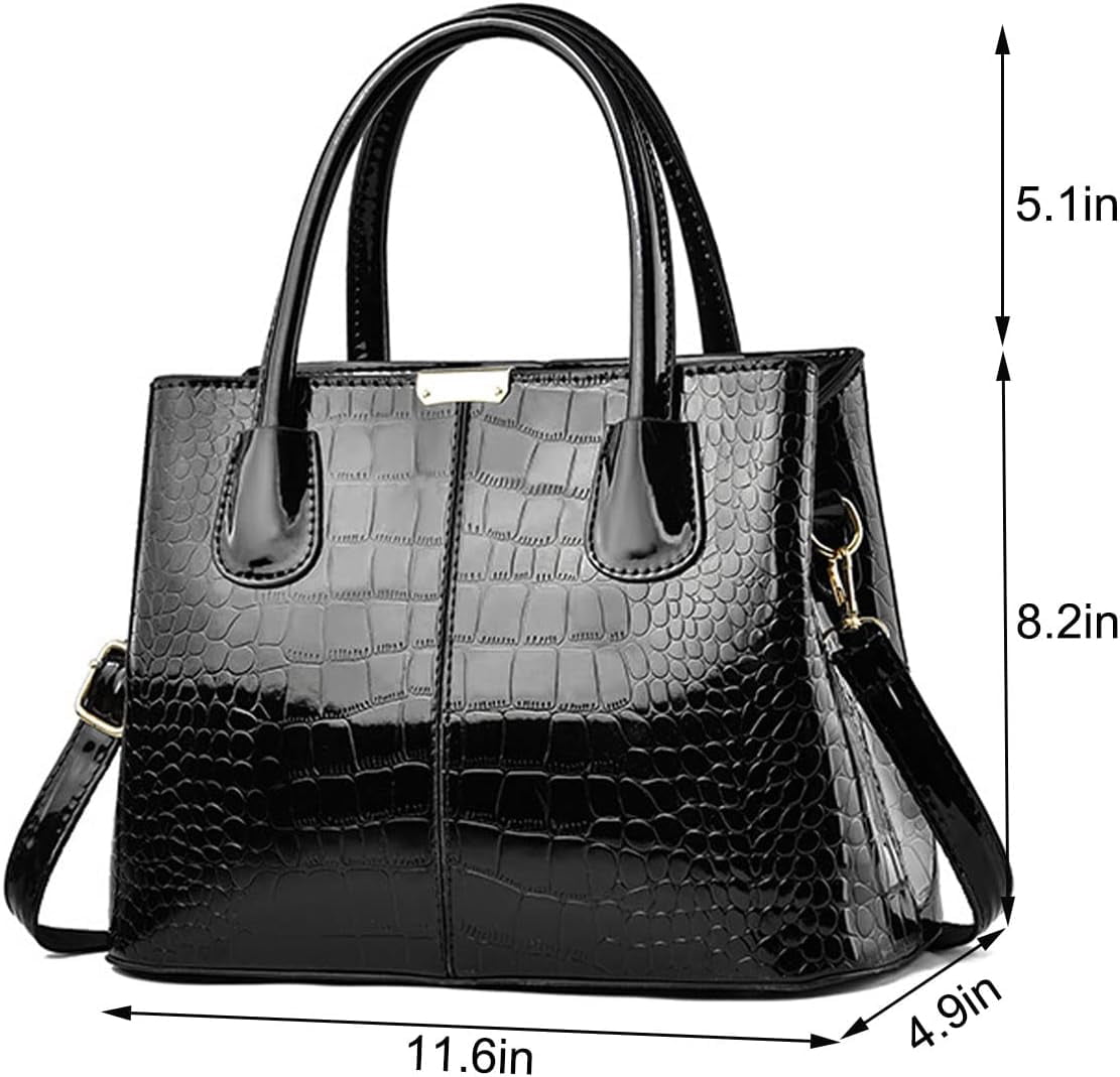 Handbag and Purse for Women Patent Leather Shoulder Bag Crocodile Pattern Top-Handle Satchel Tote Wallet