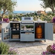 Aukfa 66.5" Outdoor Kitchen Island with Stainless Steel Top, Solid Wood BBQ Grill Cart for Big Green Egg,Blue