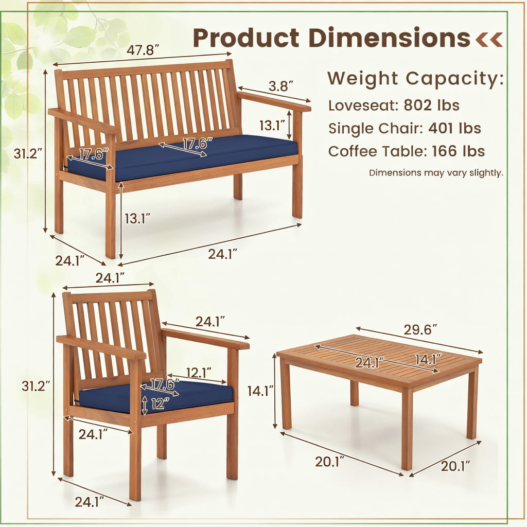 Hommoo 4-Piece Acacia Wood Patio Furniture Set, Cushioned Loveseat, 2 Chairs, Coffee Table for Backyard, Poolside & Porch, Navy