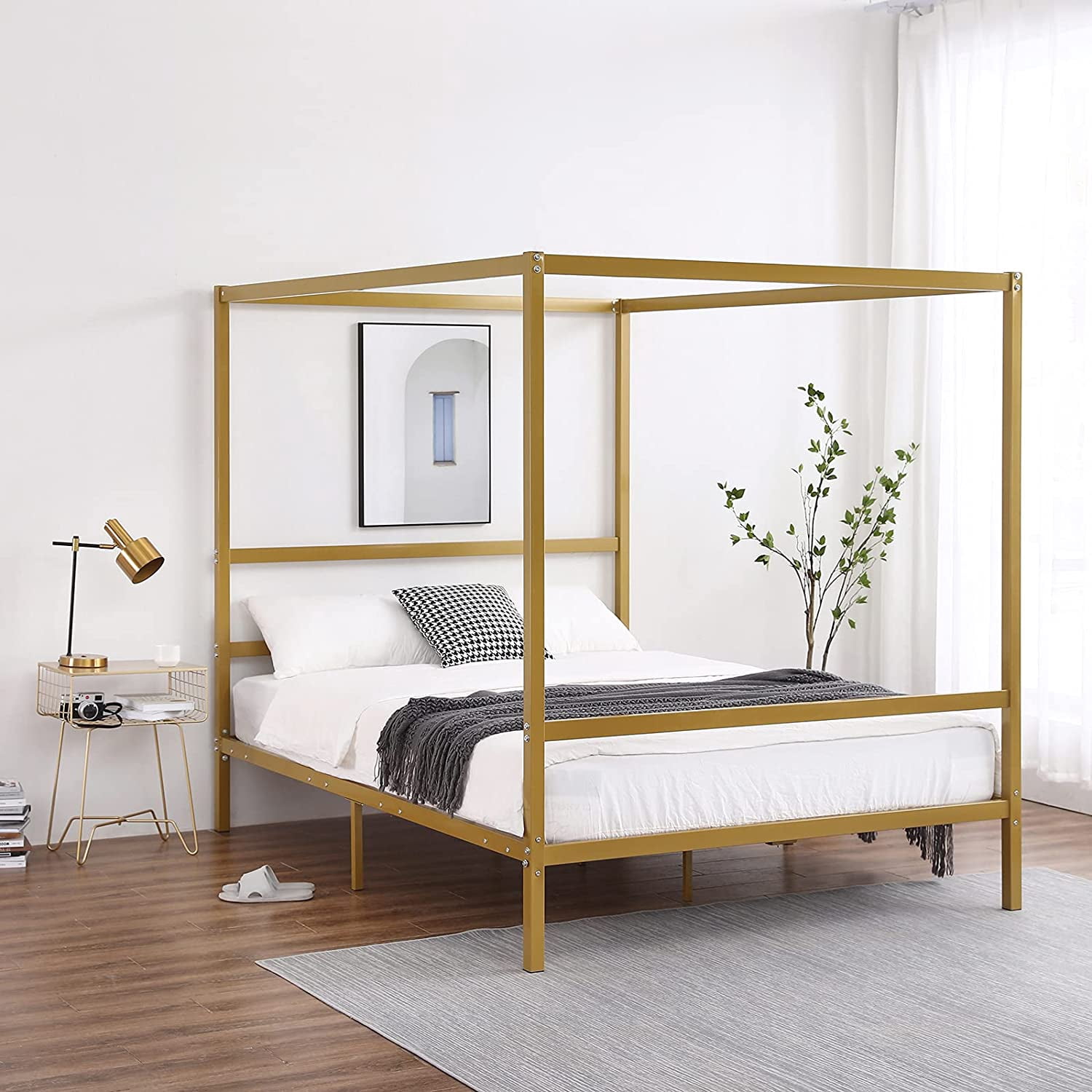 SunnyEQ Gold Canopy Bed Frame Queen Size with Headboard, Four Poster ...