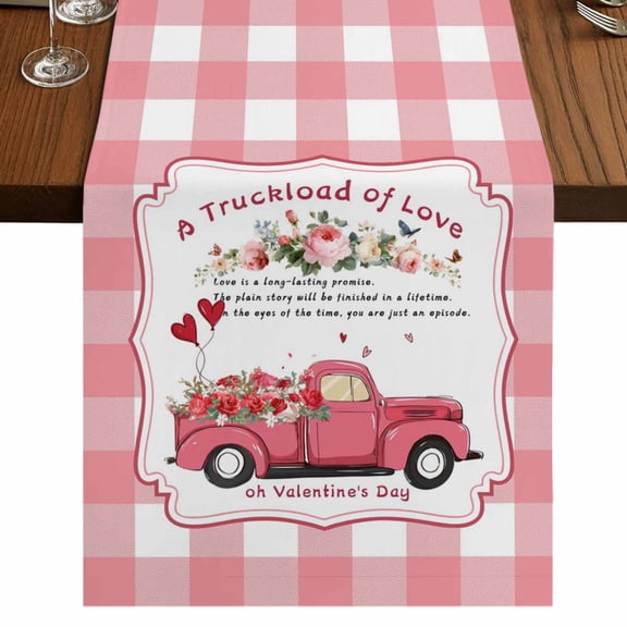 Table Runners 48 Inches Long Dress Scarves, Pink Valentine's Day Farmhouse Kitchen Table Runner, Short Coffee Tablerunners, Floral Love Heart Truck Romantic 13x48 Inch