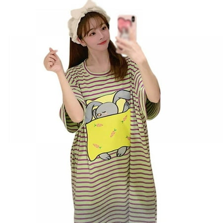 

Retap Summer Cute Night Wear Loose Thin Youth Night Dress Striped Printed Sleepwear Short Sleeve Casual Female Sleepwear Loungewear