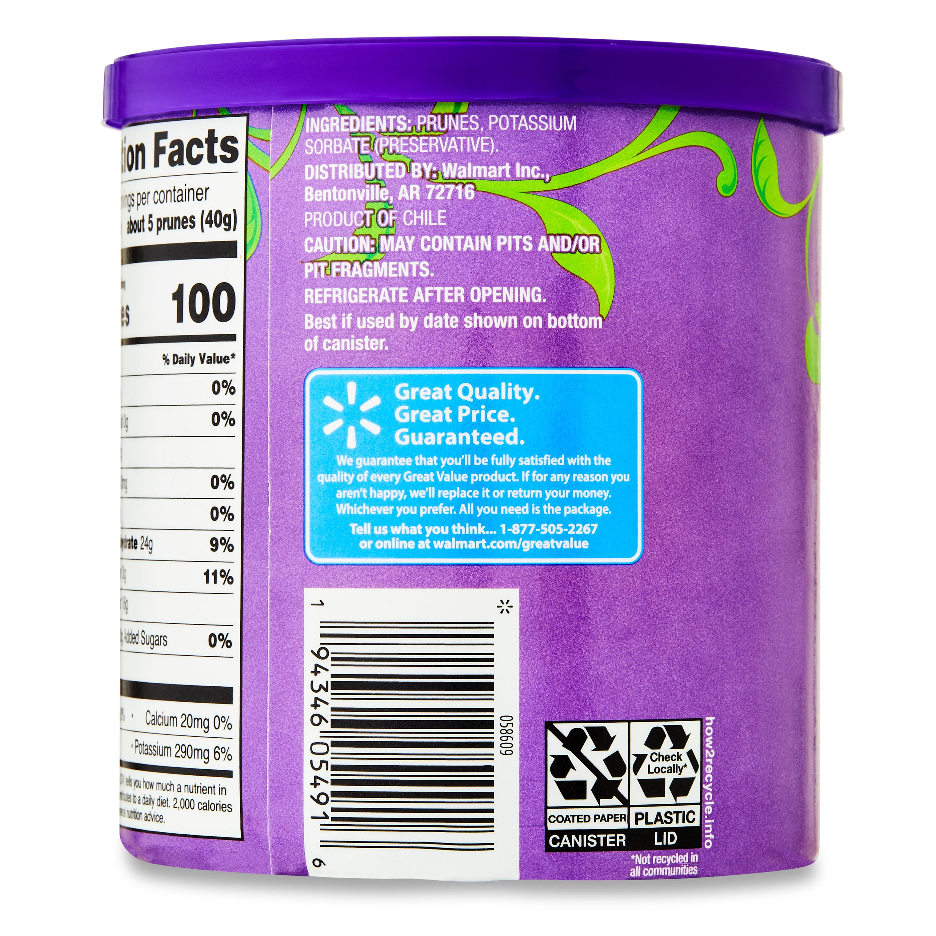 Great Value Unsweetened Pitted Prunes Canister, 16 oz