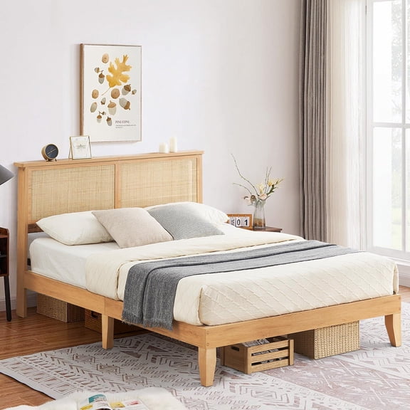 Natural Rattan LED Light King Bed Frame, Bohemian Solid Wood Silent Slat Platform Bed No Box Spring Needed
