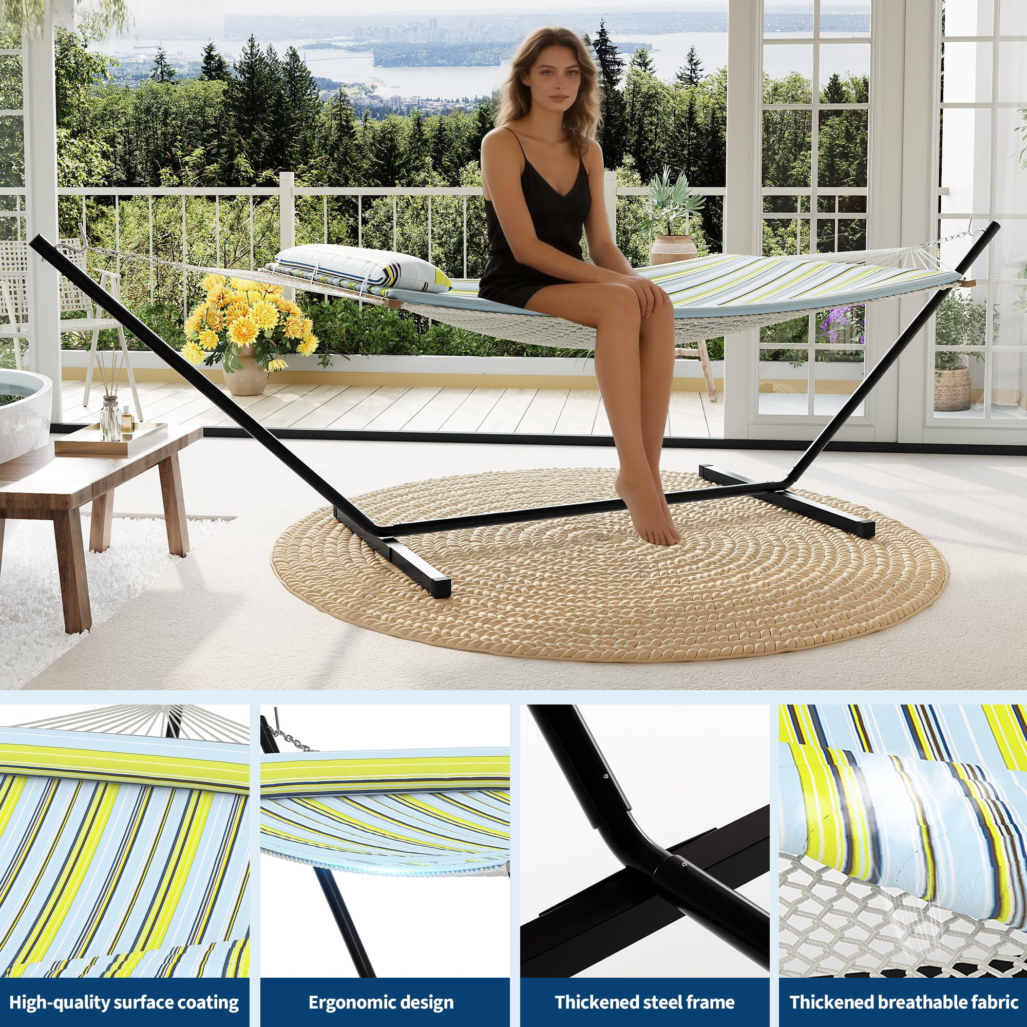 450 Lbs Capacity 2-Person Double Hammock with Stand - Portable Breathable Cotton Rope Hammock with Reversible Quilted Pad & Pillow for Patio, Garden & Camping