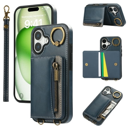 Dteck Wallet Case for iPhone 16 Magnetic Clasp Zipper Purse PU Leather Wristlet Wallet Case with Credit Card Slot Holder Back Flip Cover with Strap for iPhone 16 2024 Blue