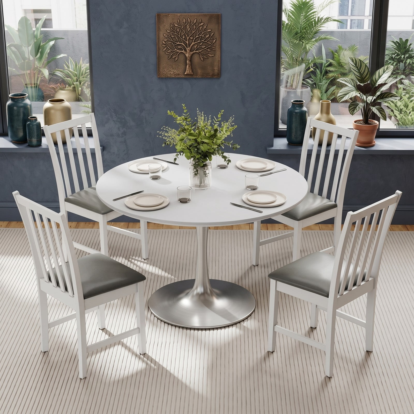 Furnibear Wooden Dining Chair Set of 2, Rubber Wood Kitchen Side Chairs with Padded PVC Leather Seat, Ergonomic Curved Back, Armless Accent Chairs for Dining, White