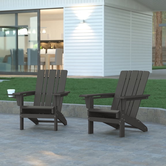 Emma Oliver Set of 2 Adirondack Chairs with Cup Holders, Weather Resistant HDPE Adirondack Chairs in Gray