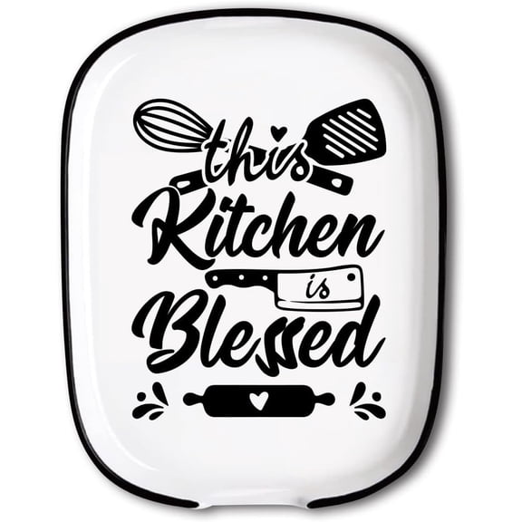 Ceramic Spoon Rest for Stove Top This Kitchen Is Blessed Pattern 4.52"x5.9" Large Spoon Holder Heat Resistant Utensil Holder Kitchen Counter Decor for Cooking Lover