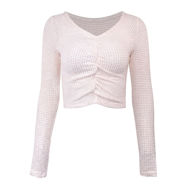 Tops cortos texturizados sexys para mujer, camisetas de manga larga plisadas ajustadas, ropa informal recortada de salida Adepaton BST2000128-1