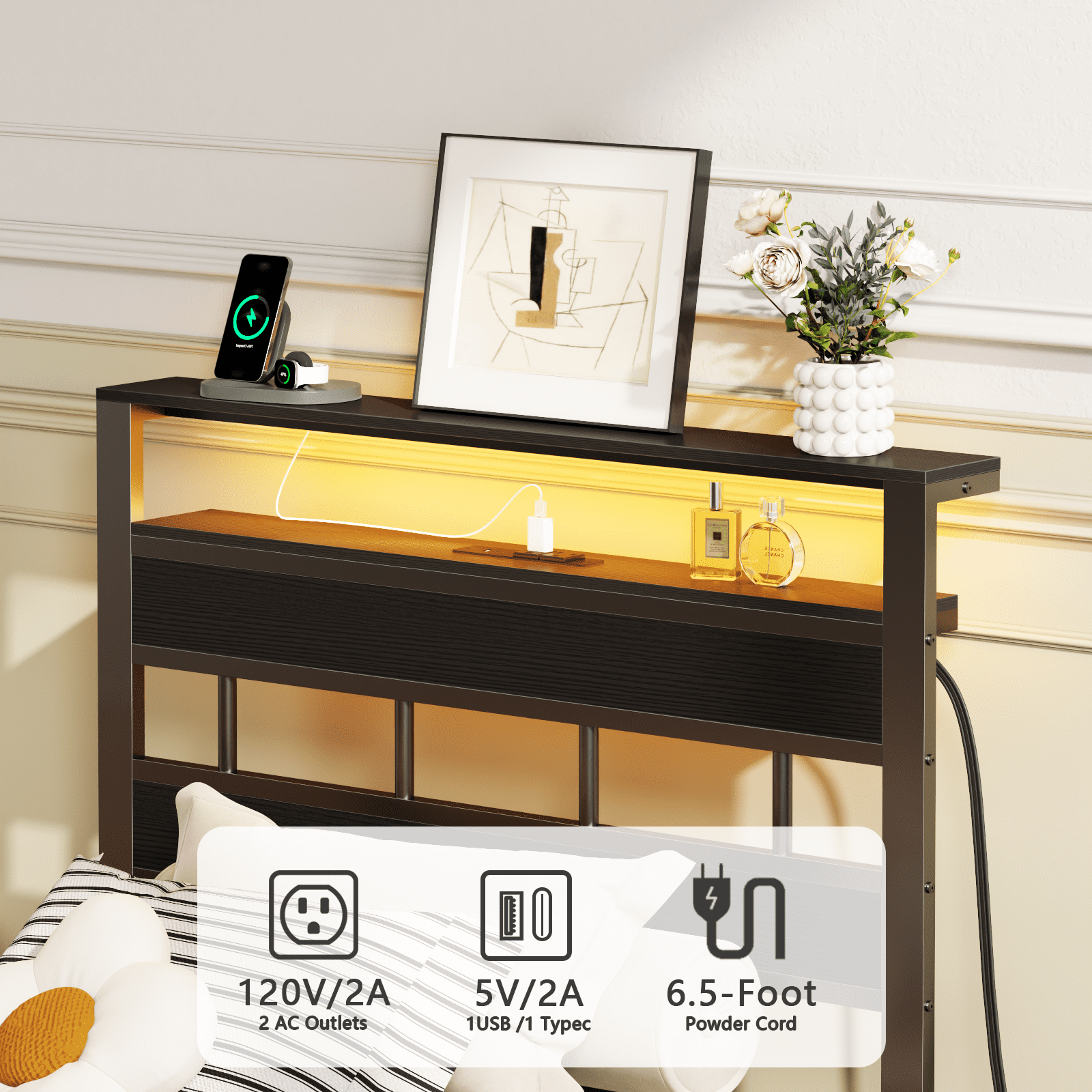 Satifur Twin Size Bed Frame with Storage Headboard and LED Light, Platform Bed with Metal Slats, Noise Free Design