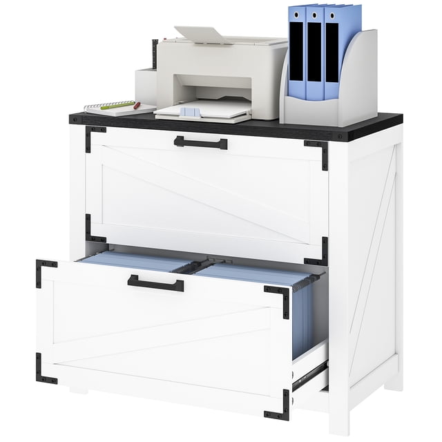 CoSoTower Armoire de Classement à 2 Tiroirs, Armoire de Rangement de Bureau Style Ferme avec Barres de Suspension Réglables pour Lettres, A4, Format Légal, Blanc