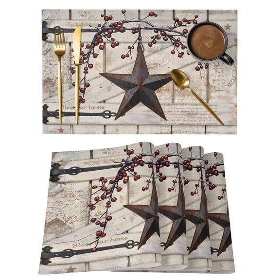 Texas Star Vintage Placemats Set of 4, Brown Retro Berry Beige Wooden Branches Placemats for Dining Table, Place Mats for Kitchen Tabletop, Waterproof Wipeable Dining Table Mats Set