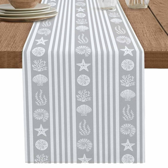 nqOlkjepod Grey Striped Coastal Table Runner 108 Inches Long Farmhouse Dress Scarves, Nautical Beach Starfish Shell Dining Tablerunner for Coffee Table/Kitchen Island/Party Décor, 13" x 108"