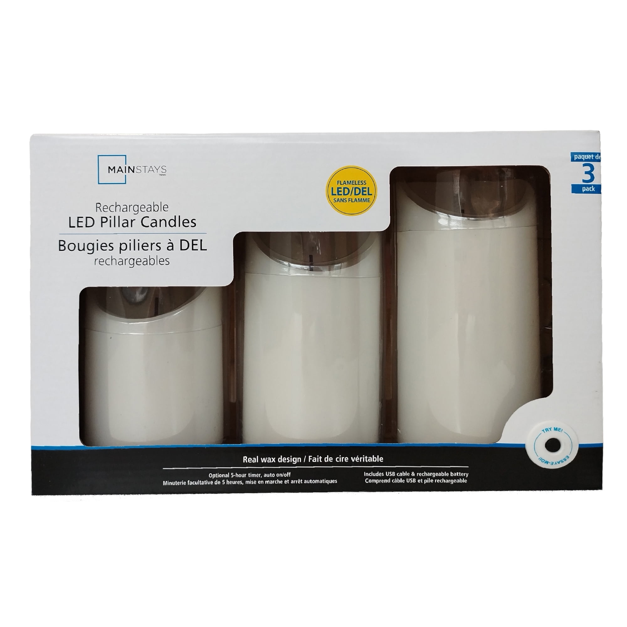 Mainstays White Rechargeable Flameless LED Pillar Candles,Various Sizes, 3 pack
