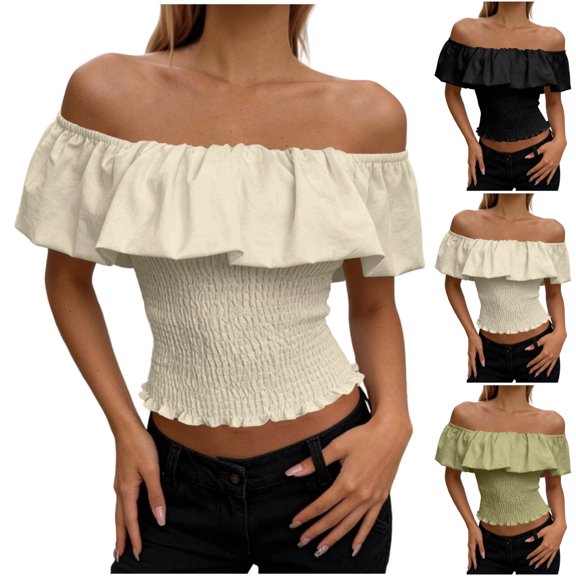 LEKWK Off the Shoulder Tops for Women Ruffle Short Sleeve Smocked Peasant Blouses Slim Fit Going Out Crop Tops Summer Fashion Beach Vacation Daily Outfits