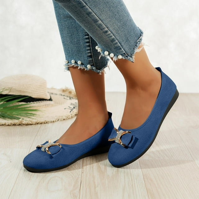 PPgejGEK Chaussures Plates à Talon Bas pour Femmes, Mode Décontractée Printemps et Été, Bout Rond avec Nœud, Respirantes, Bleues 7.5