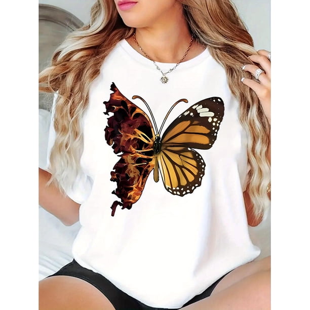 Women's Casual Crew Neck T-Shirt with Creative Flame Butterfly Print, Fashionable Short Sleeve Top, Polyester 95% Spandex 5%, Medium Stretch Knit Fabric, All-Season Comfort Fit