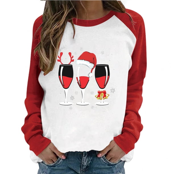 Camiseta de manga larga con estampado de copa de vino de Navidad a juego de colores raglán con cuello redondo informal para mujer Top de manga larga con cuello redondo/camisa Pompotops FGAJ9369