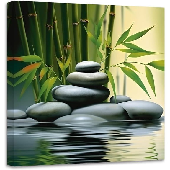 ZHONGYUTONG Green Bamboo Pictures Zen Wall Art Stone Flower Water SPA Canvas Prints Meditation Yoga Paintings Wall Decor for Bathroom Still Life Artwork (16.00" x 16.00")