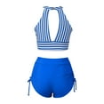 thumbnail image 5 of Swimsuit Women Summer Hollow Out Striped Prints Lace Up Backless Swimwear Summer Two Piece Swimsuit Beach Bikini Vacation Beach Wear Tankinis Set, 5 of 7