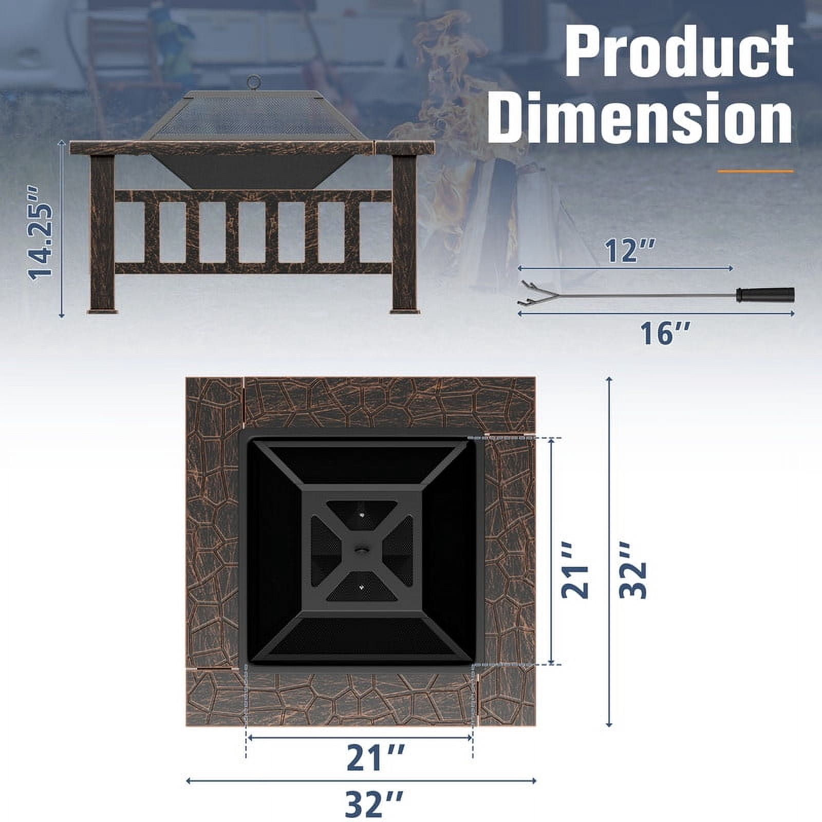 Devoko Outdoor 32" Square Metal Fire Pit with Cover and Poker, Brown