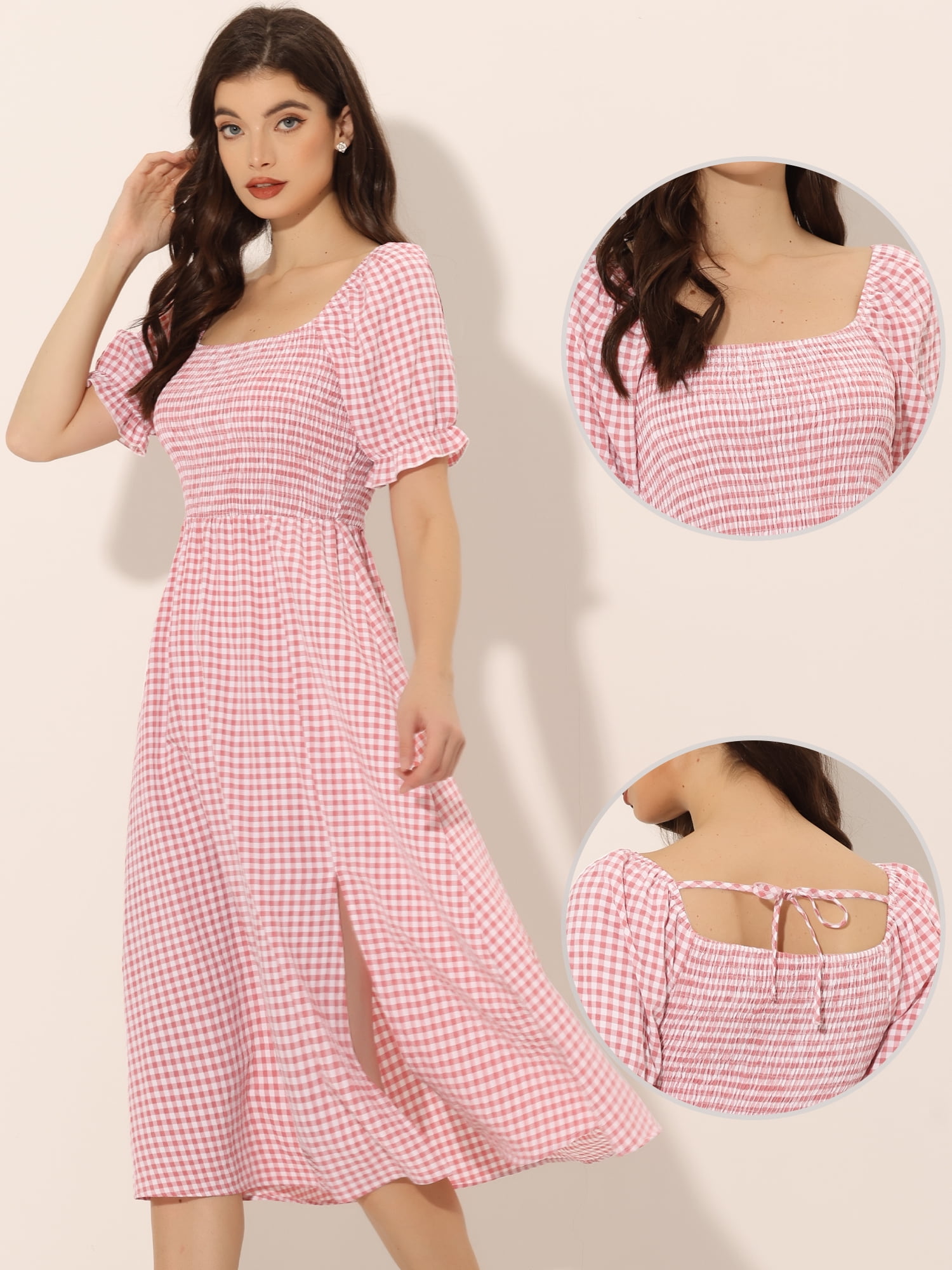 DARING DIVA Puff Sleeve Square Neck Gingham Dress XS Watermelon Pink