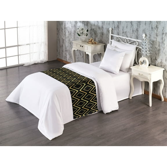 Abstract Bed Runner, Geometric Modern Print of Zigzag Shapes Chevron and Rhombus Ornaments, Decorative Accent Bedding Scarf for Hotels Homes & Guest Rooms, Twin, Pastel Yellow and Black, by Ambesonne