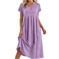 thumbnail image 5 of Kojanyu Women's Summer Fashion Solid Color V-Neck Short Sleeve Pocket Knee-Length Dress – Lightweight Casual Cotton-Like Polyester Midi Dress for Daily Wear, 5 of 6