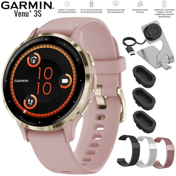 Garmin Venu 3S Health Fitness GPS Smartwatch Gold Steel Bezel with Dust Rose Case 41mm 010-02785-03 Bundle with Deco Essentials 18mm Metal Bands 3 Pack, Charging Dock and Silicone Dust Cover 3 Pack