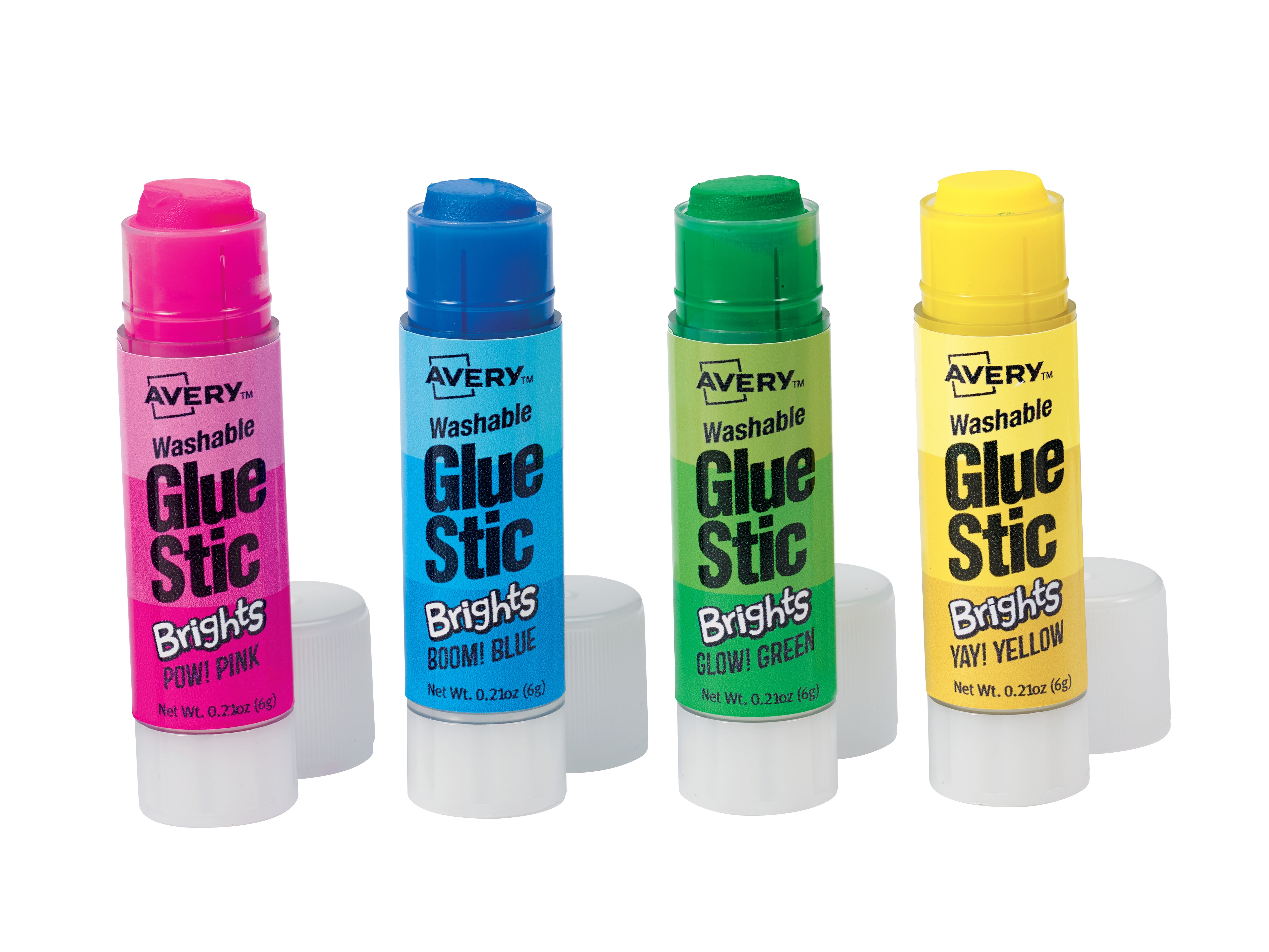 Avery Glue Stick Brights, Assorted, Pack of 4, Blue, Green, Pink, Yellow