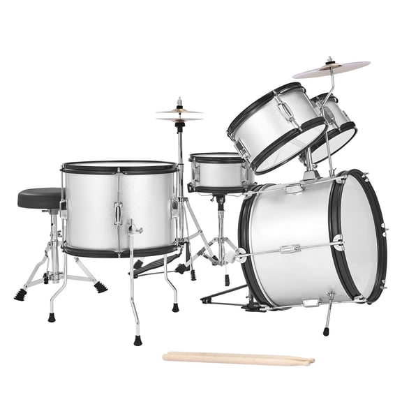 Junior Drum Set for Ages 6-13, 5-Piece 16 Inch Children's Drum Kit with Adjustable Stool, Cymbal, Drumsticks, Beginner Musical Instrument (Silver)