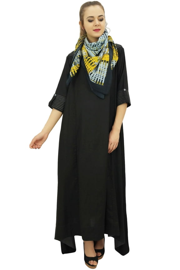Women's Indian Black Rayon Asymmetrical Hem Casual Kurta With Scarf - 10