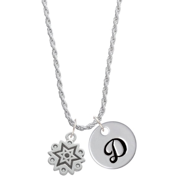 Delight Jewelry Silvertone Antiqued Snowflake Silvertone Script Initial Disc - D - Charm Necklace, 20"+3"