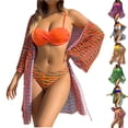 thumbnail image 2 of Jacenvly 2024 Womens Hawaiian 3 Piece Set Fashion Long Sleeve Swimsuit Contrast Color with Cover up Surfing Swimwear Lightweight Women'S Mesh Blue Solid Patchwork Top Bow Set White, 2 of 10