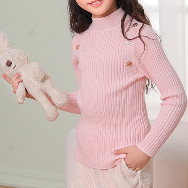 LWFFDAW Girl's Mock Turtleneck Tops Solid Color Ribbed Knit Long Sleeve Shirts Soft Stretch Slim Fitted Tops Trendy Button Pullover Tops Pink Size 100