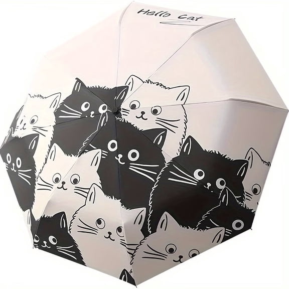 Compact Cat Pattern Umbrella Automatic Folding Umbrella, Portable Travel Umbrella for Rain and Sun