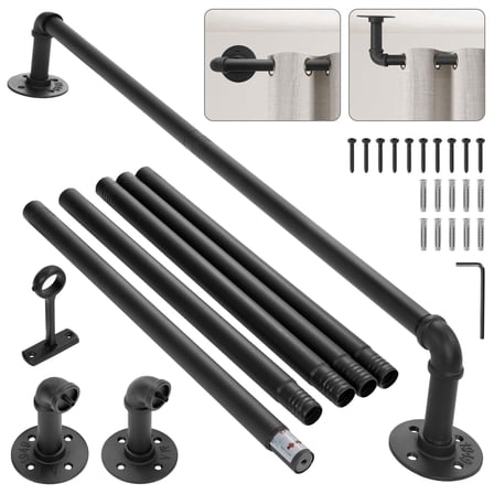 BEAMNOVA Industrial Curtain Rod for Windows, 48" to 84" Adjustable Long Curtain Rod, Black Iron Curtain Rod for Outdoor/Indoor, Wall Mounted or Ceiling (1 Pack)