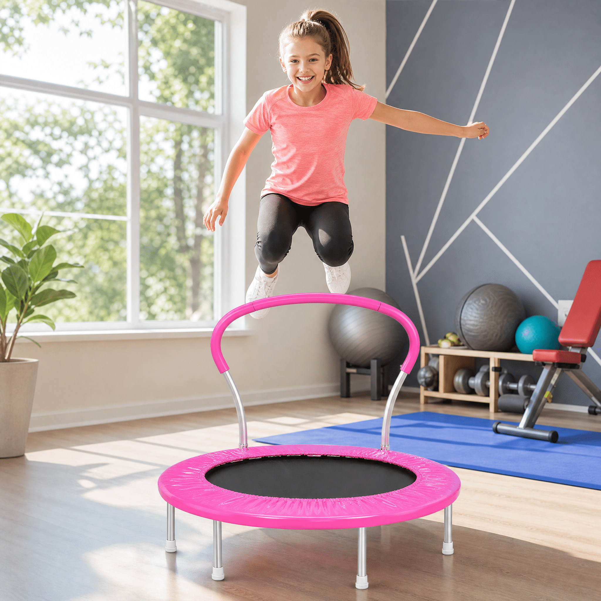 36 Inch Mini Trampoline with Handle, Metal Frame Kids Trampoline with Foam Padding, 6-Leg Stable Structure, 220 lbs Weight Capacity for Indoor Outdoor Use