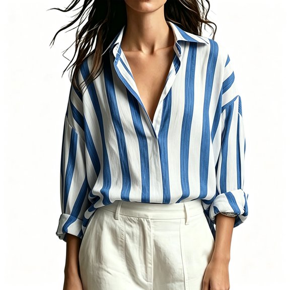 BCSIOAOI Womens Tops,Lapel Collar Vertical Stripe Button Front Long Sleeve Shirts Blue L