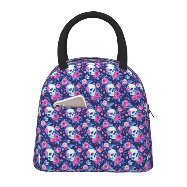 Easygdp Skull Flower Bolsa de Almuerzo Insulada Grande, Forro de Aluminio, Diseño Espacioso, a Prueba de Fugas, Ideal para Trabajo, Picnics, Viajes y Actividades al Aire Libre