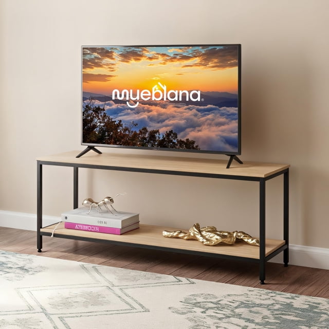 MUEBLANA | Mesa para TV | Madera y Acero | Minimalista | Centro de Entretenimiento | Mueble Organizador Moderno | 2 repisas | Color Nogal