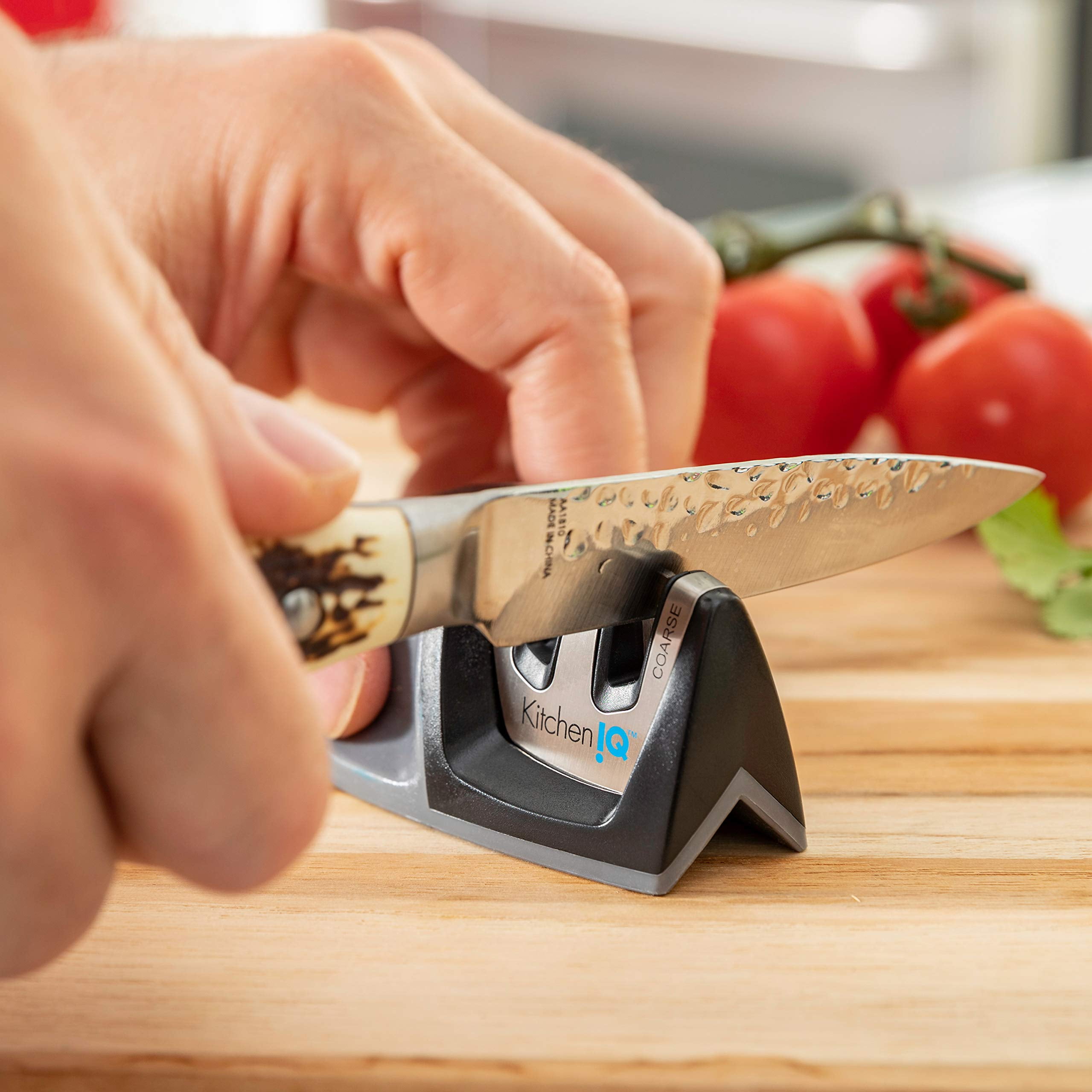 KitchenIQ 51420 | Edge Grip 2-Stage Knife Sharpener | 3 Pack | Coarse & Fine | Compact for Easy Storage | Stable Non-Slip Base | Soft Grip Rubber Handle | Straight & Serrated Knives, Black/Carbide