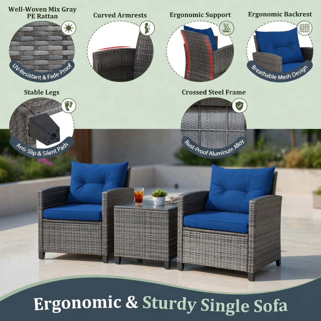Hommoo 3-Piece Outdoor Wicker Conversation Set, PE Rattan Sofa Set with Tempered Glass Coffee Table, Weather-Resistant Patio Furniture for Backyard, Poolside & Garden, Navy