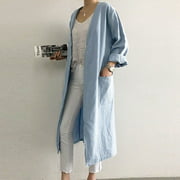 Women's Solid Color Plus Size Loose Cardigan Jacket Casual Cotton And Linen Long Knee-Length Trench Coat