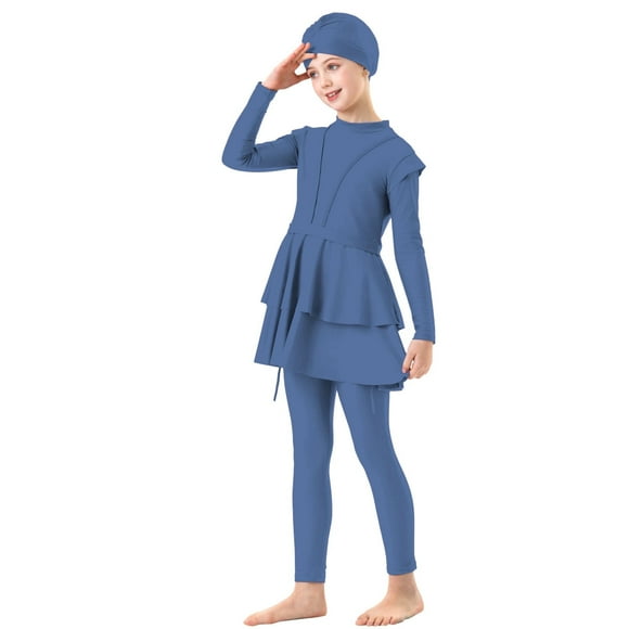 Bysome Summer Casual Swimsuit For Girls Swimsuit 3 Piece Full Cover Hijab Swimwear Sunsuit Beachwear Top Pants Cap 11-12 Years