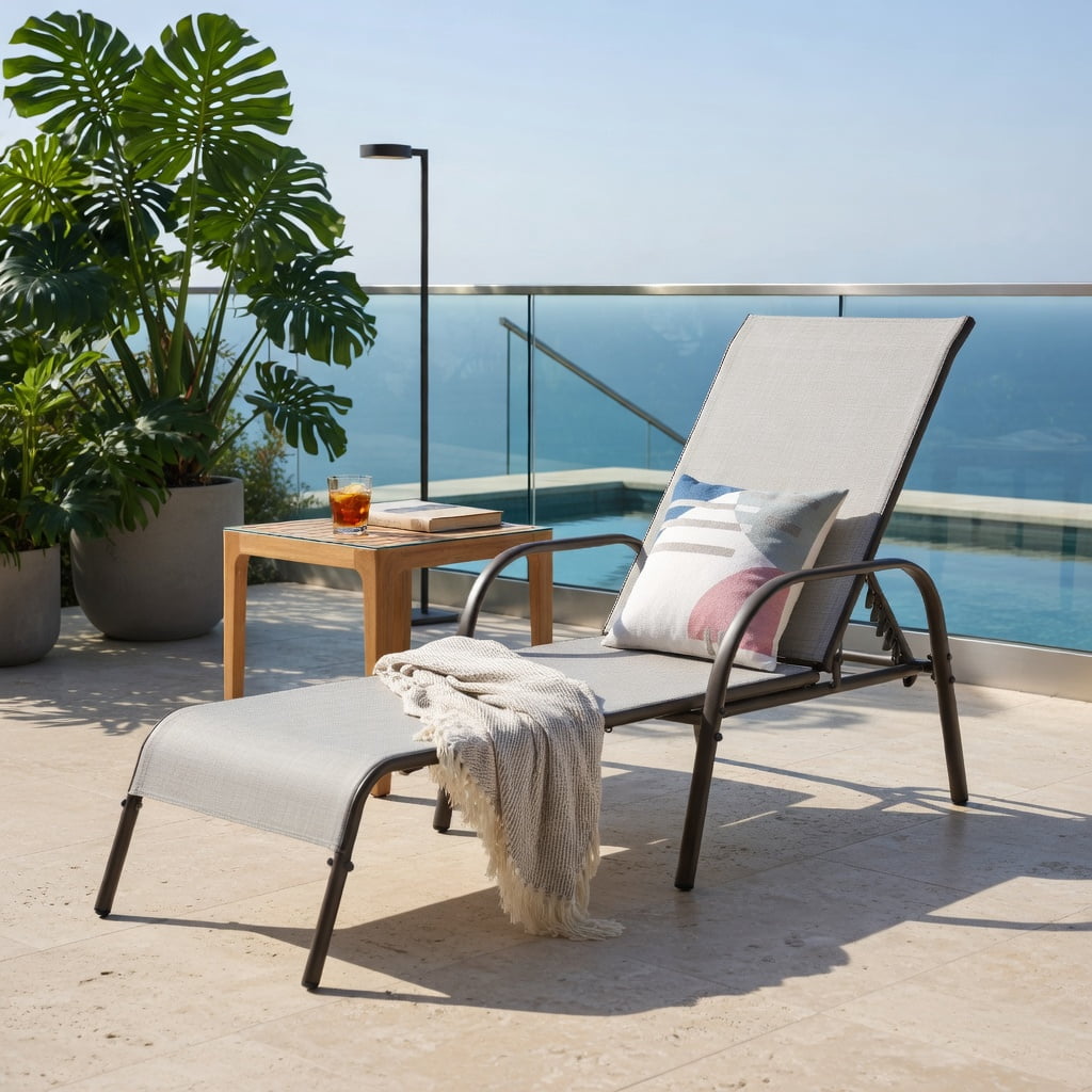 Hommoo 2-Pack Adjustable Outdoor Chaise Lounge Chairs, Fabric Patio Recliners with 5-Position Backrest, Steel Frame, Poolside & Backyard Ready, Gray