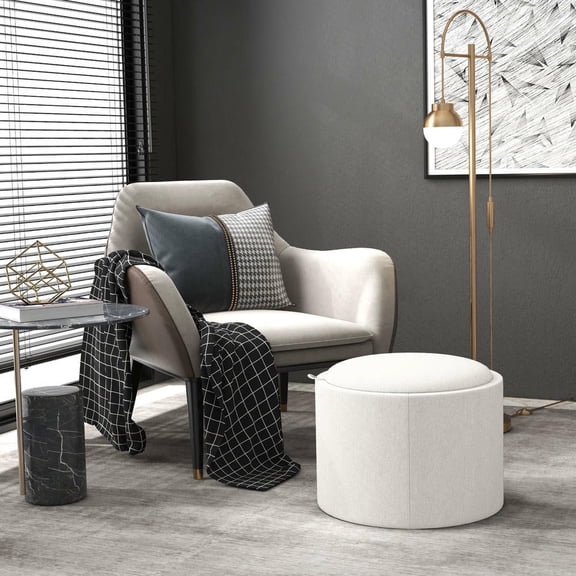 Resenkos Round Storage Ottoman Coffee Table - Flip Top Tray, Linen Fabric Upholstered Footstool with Hidden Compartment