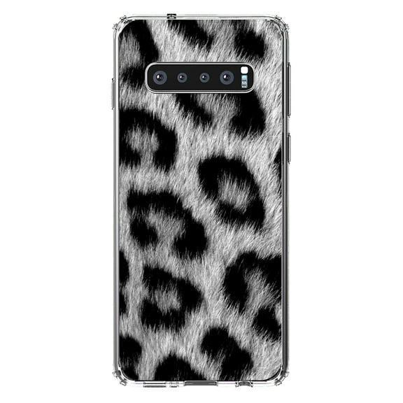 DistinctInk Clear Shockproof Hybrid Case for Samsung Galaxy S10  PLUS(6.4" Screen) - TPU Bumper, Acrylic Back, Tempered Glass Screen Protector - Black White Snow Leopard FurPrint