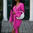 thumbnail image 1 of Robe Mini Chic Col en V Couleur Unie Femme Printemps Manches Longues Fendue Robe de Soirée Plissée Lacée Drapée Robe de Bureau, 1 of 7